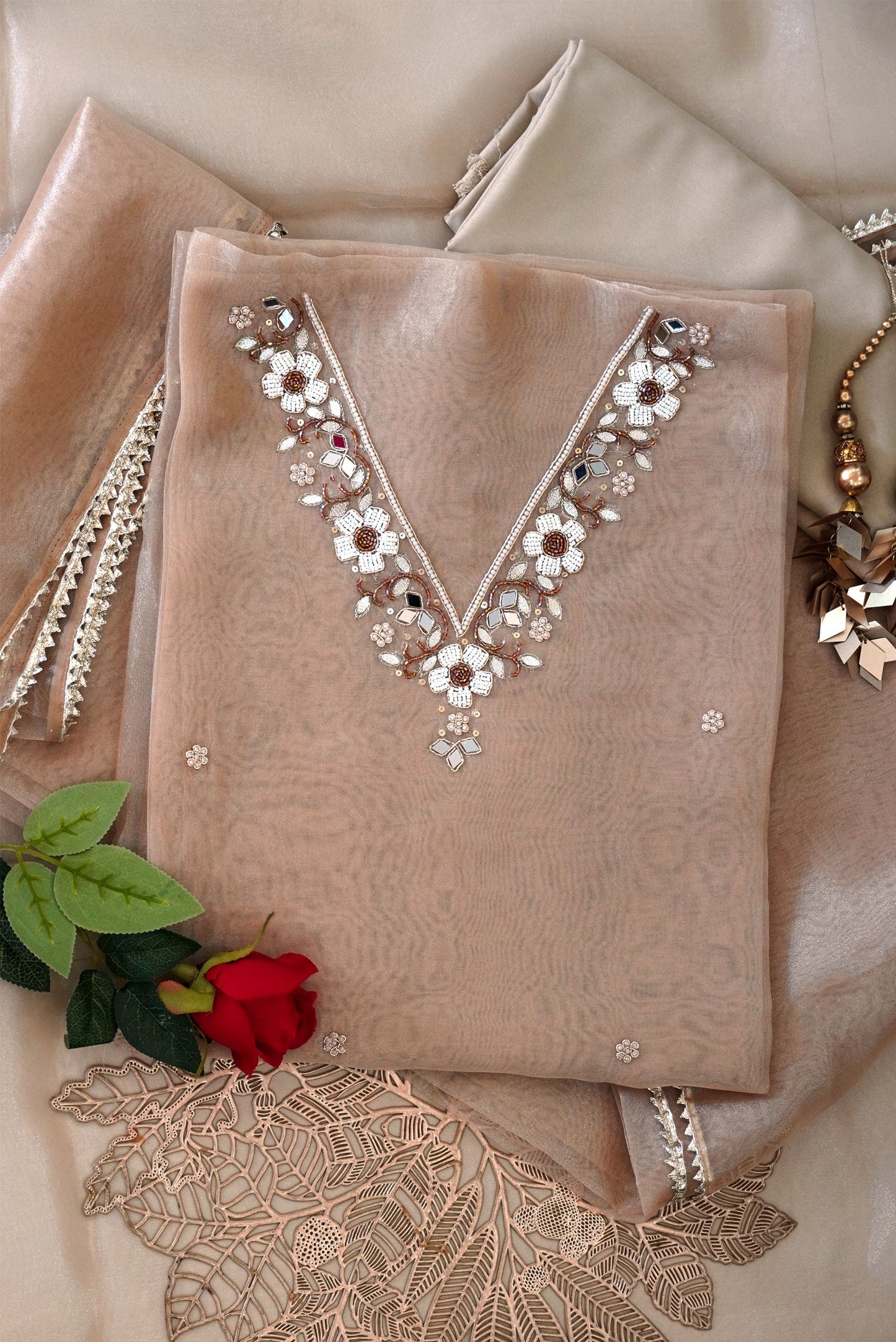 Caramel Pearl Mirror Work Organza Unstitched Suit Set