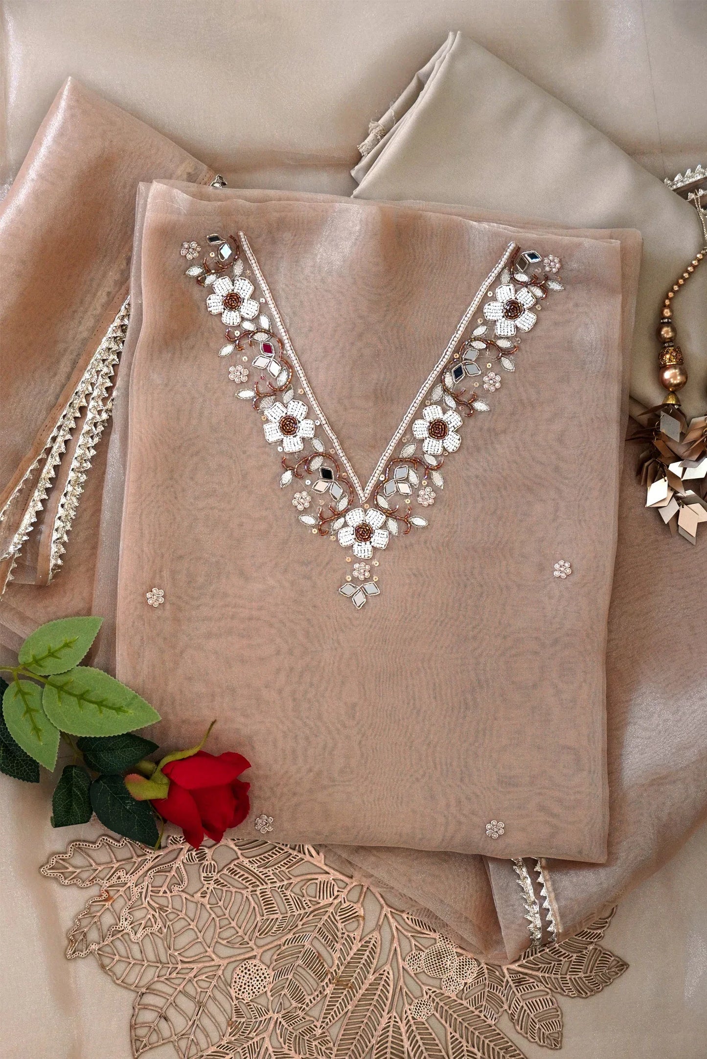 Caramel Pearl Mirror Work Organza Unstitched Suit Set - Achrangi