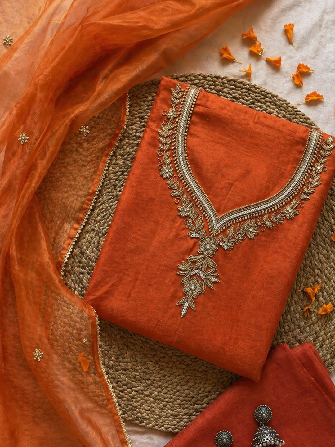 Saffron Glow Hand Embroidered Suit Set with Floral Zardozi & Pearl Detailing
