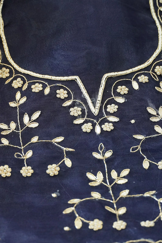 Ink Blue Unstitched Suit with Silver Zari and Sequin Floral Embroidery - Achrangi