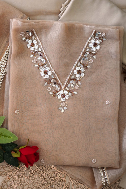 Caramel Pearl Mirror Work Organza Unstitched Suit Set
