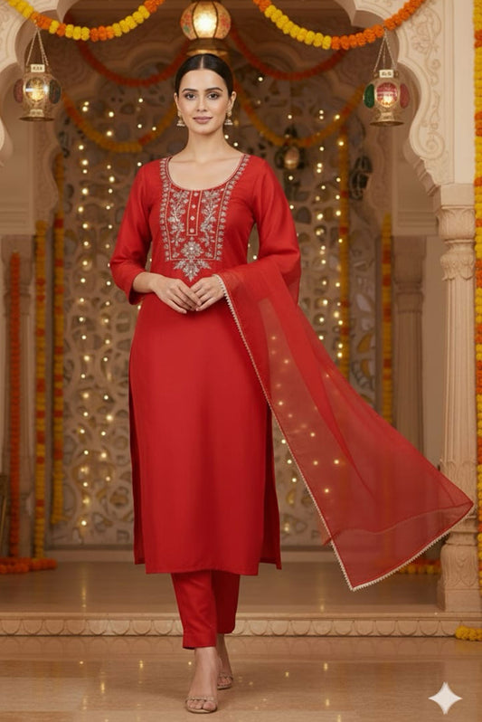 Gulnaar Red Zari Unstitched Suit Set