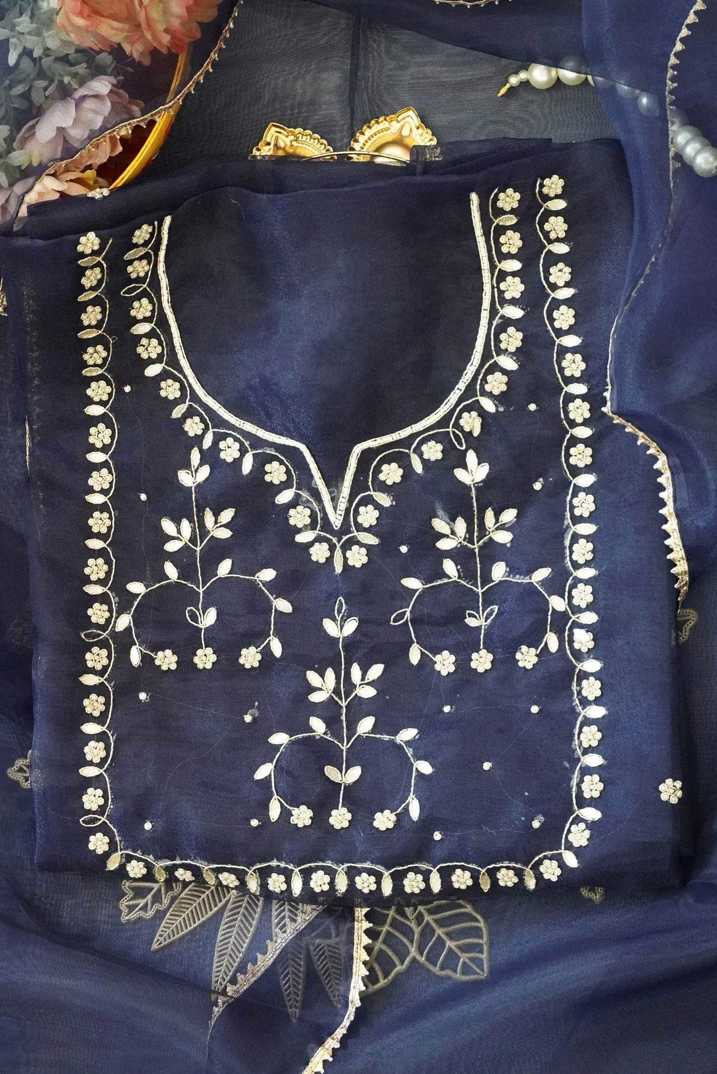 Ink Blue Unstitched Suit with Silver Zari and Sequin Floral Embroidery - Achrangi