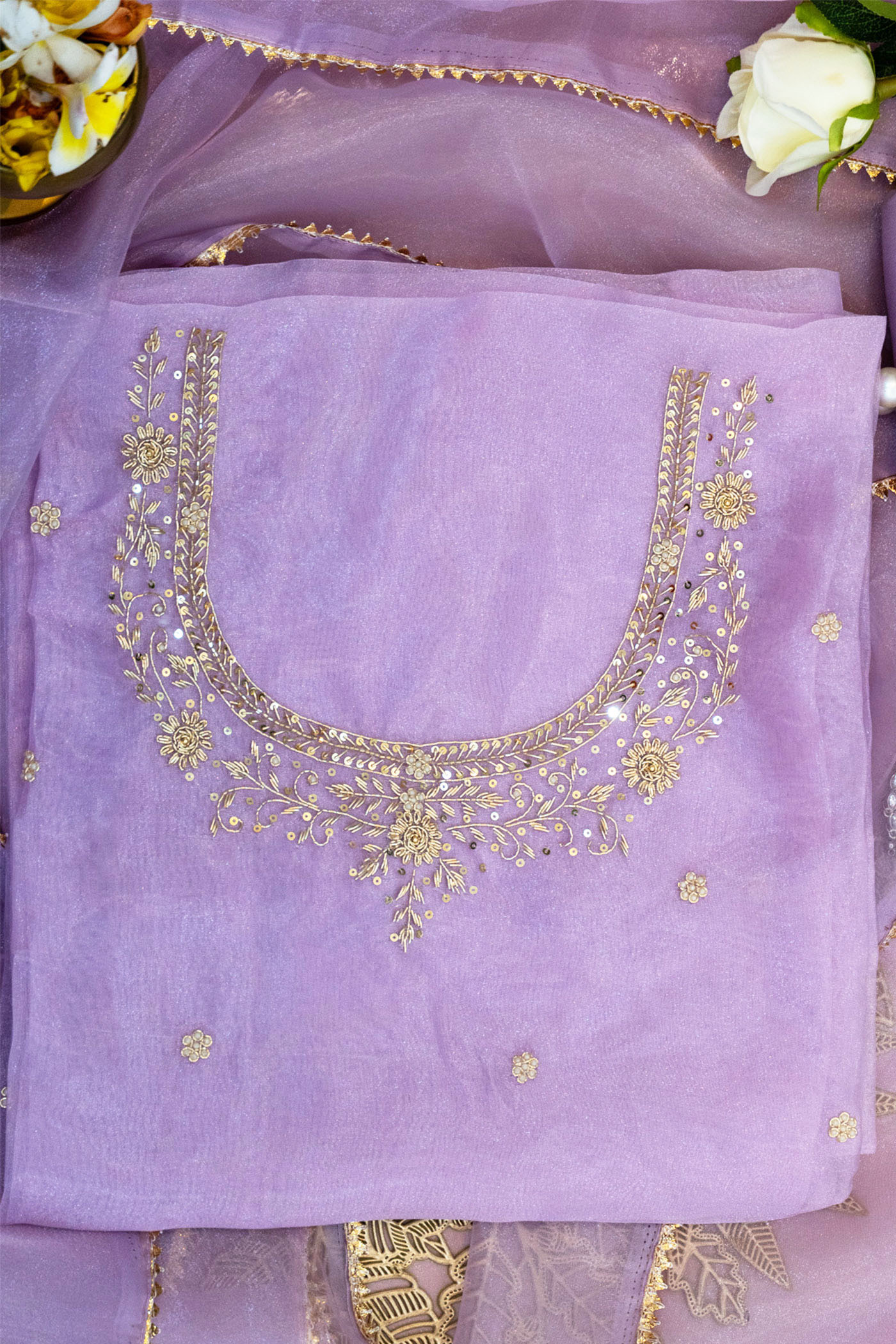 Lavender Unstitched Suit with Handcrafted Zardozi and Pearl Work