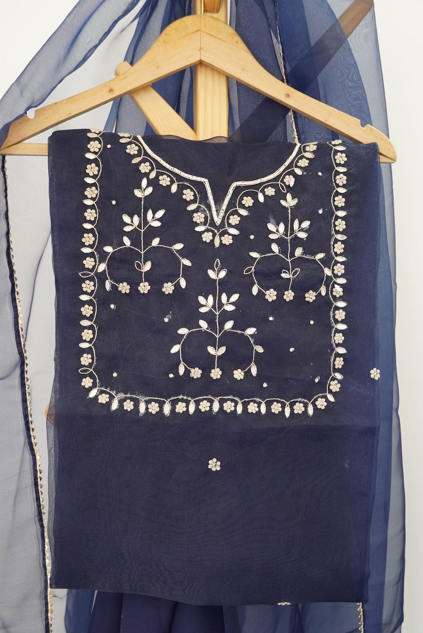 Ink Blue Unstitched Suit with Silver Zari and Sequin Floral Embroidery