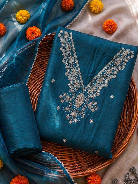 Riva Teal Blue Unstitched Suit Set with Pearl & Sequins Work