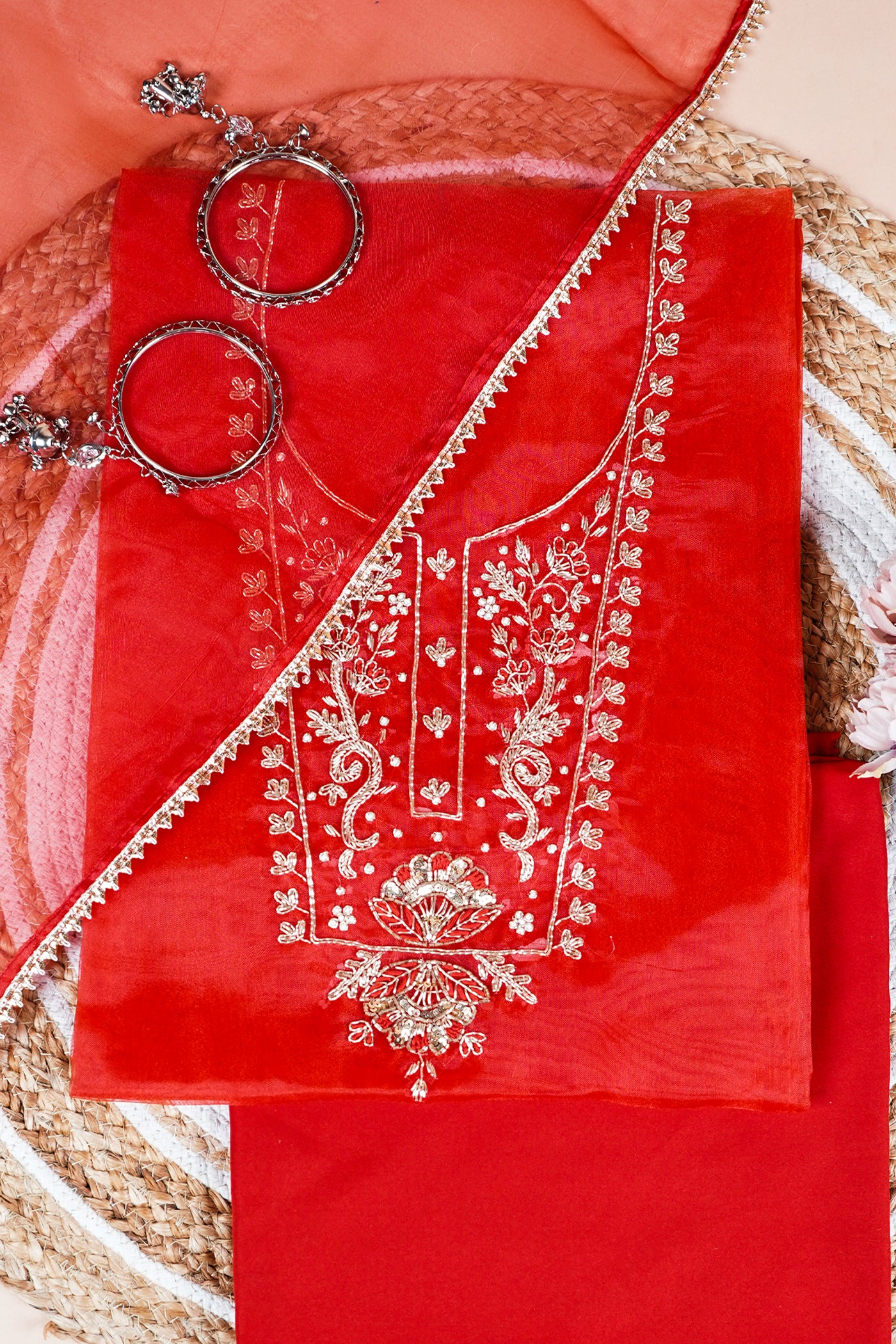 Gulnaar Red Zari Unstitched Suit Set