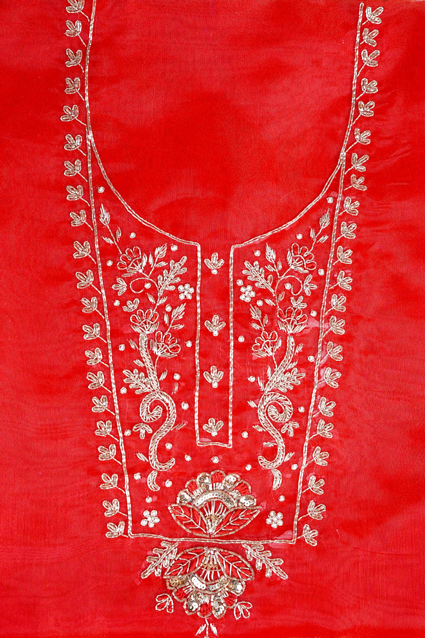 Gulnaar Red Zari Unstitched Suit Set