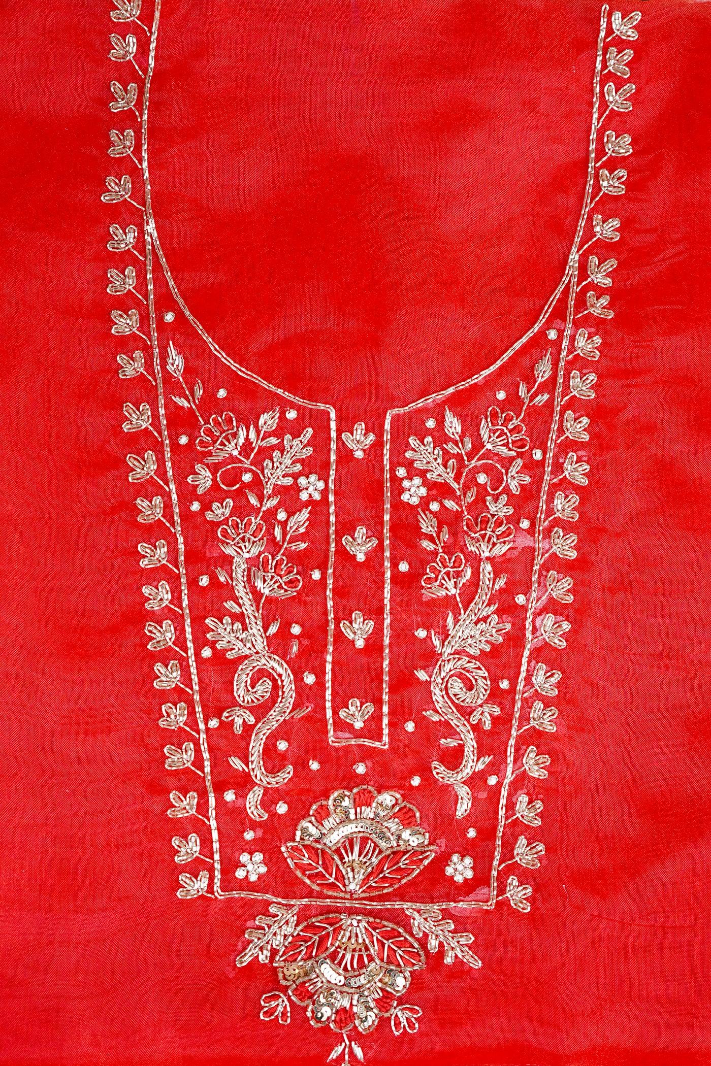 Gulnaar Red Zari Unstitched Suit Set - Achrangi