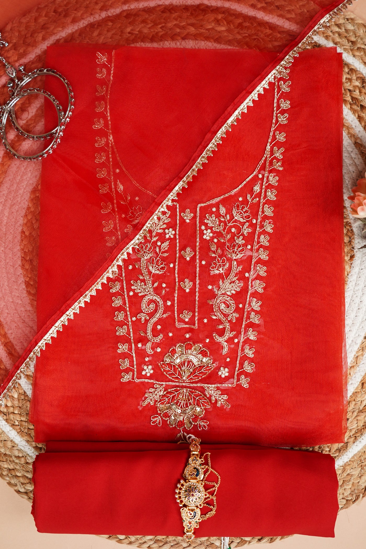Gulnaar Red Zari Unstitched Suit Set