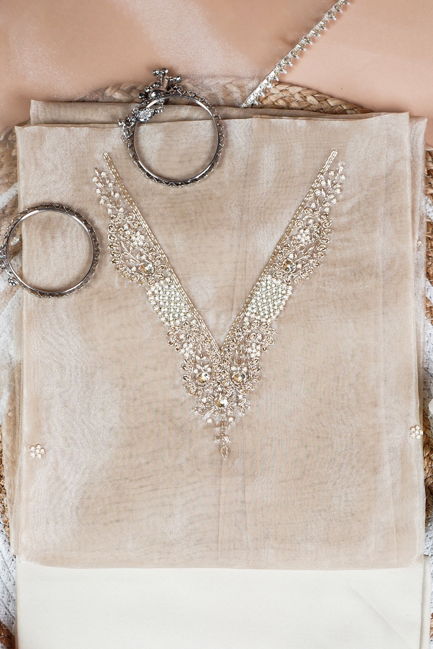 Sharvi Moora Unstitched Suit Set with Handcrafted Zardozi Work