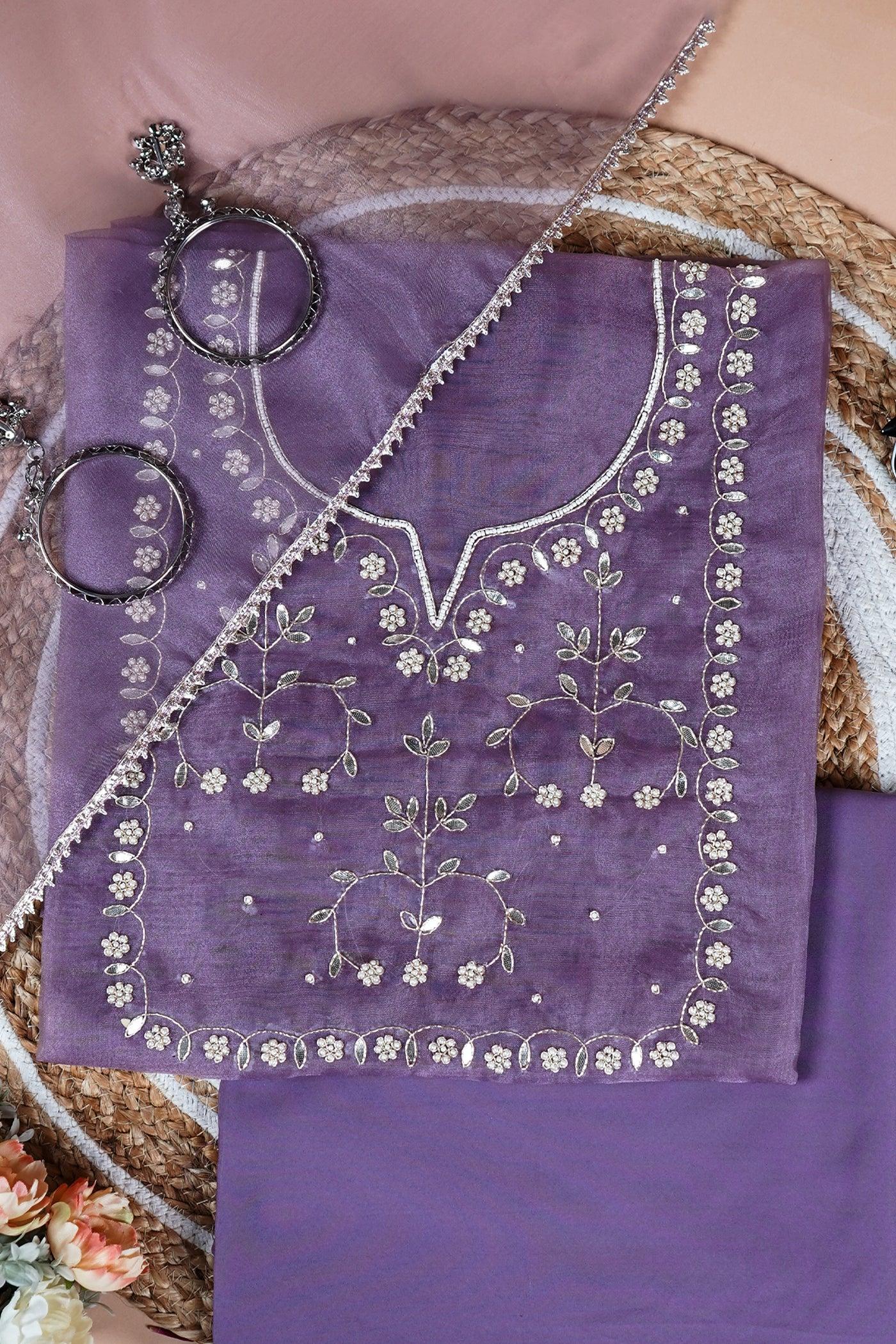 Dusky orchid Unstitched Suit with Golden Zari and Sequin Floral Embroidery - Achrangi