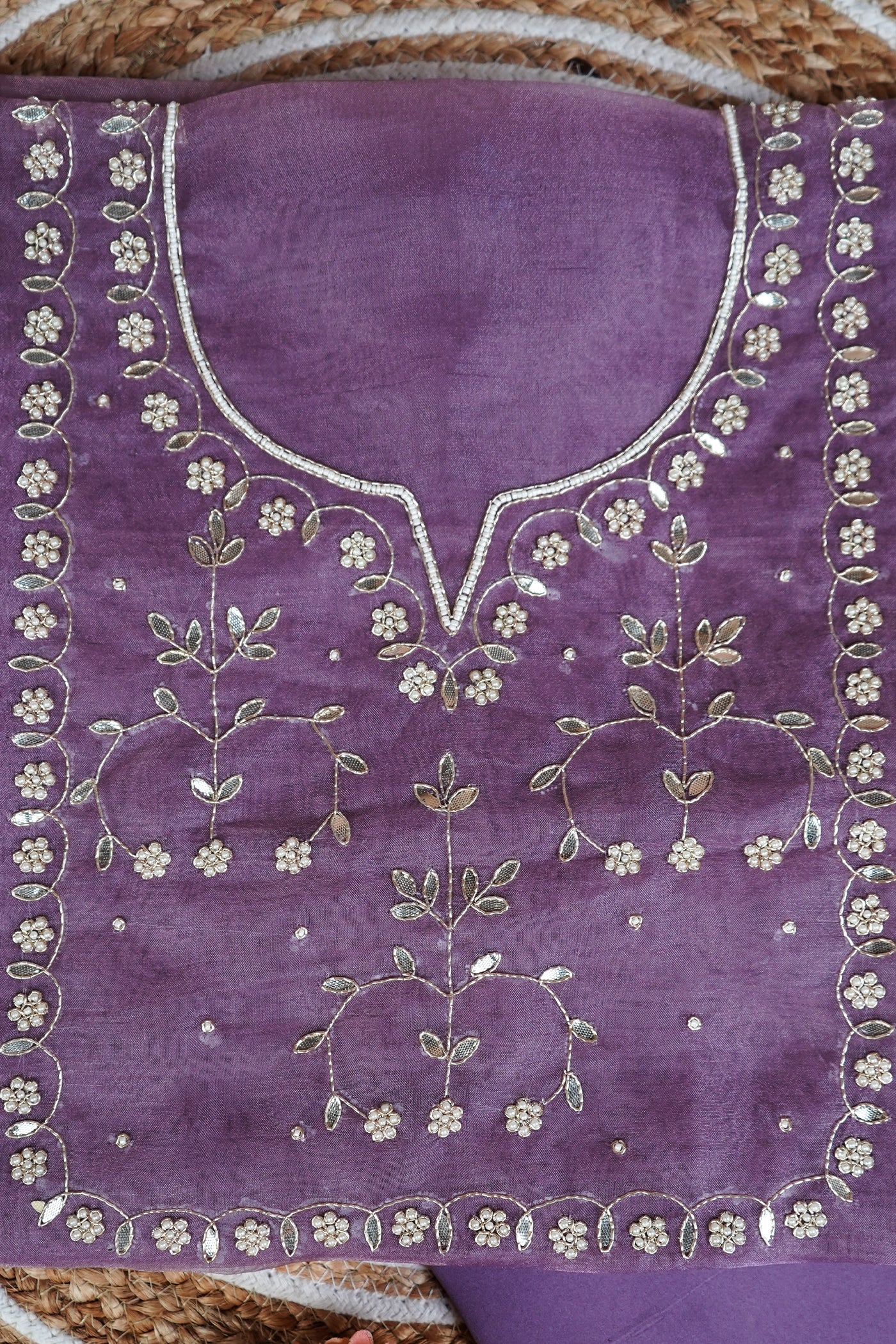Dusky orchid Unstitched Suit with Golden Zari and Sequin Floral Embroidery