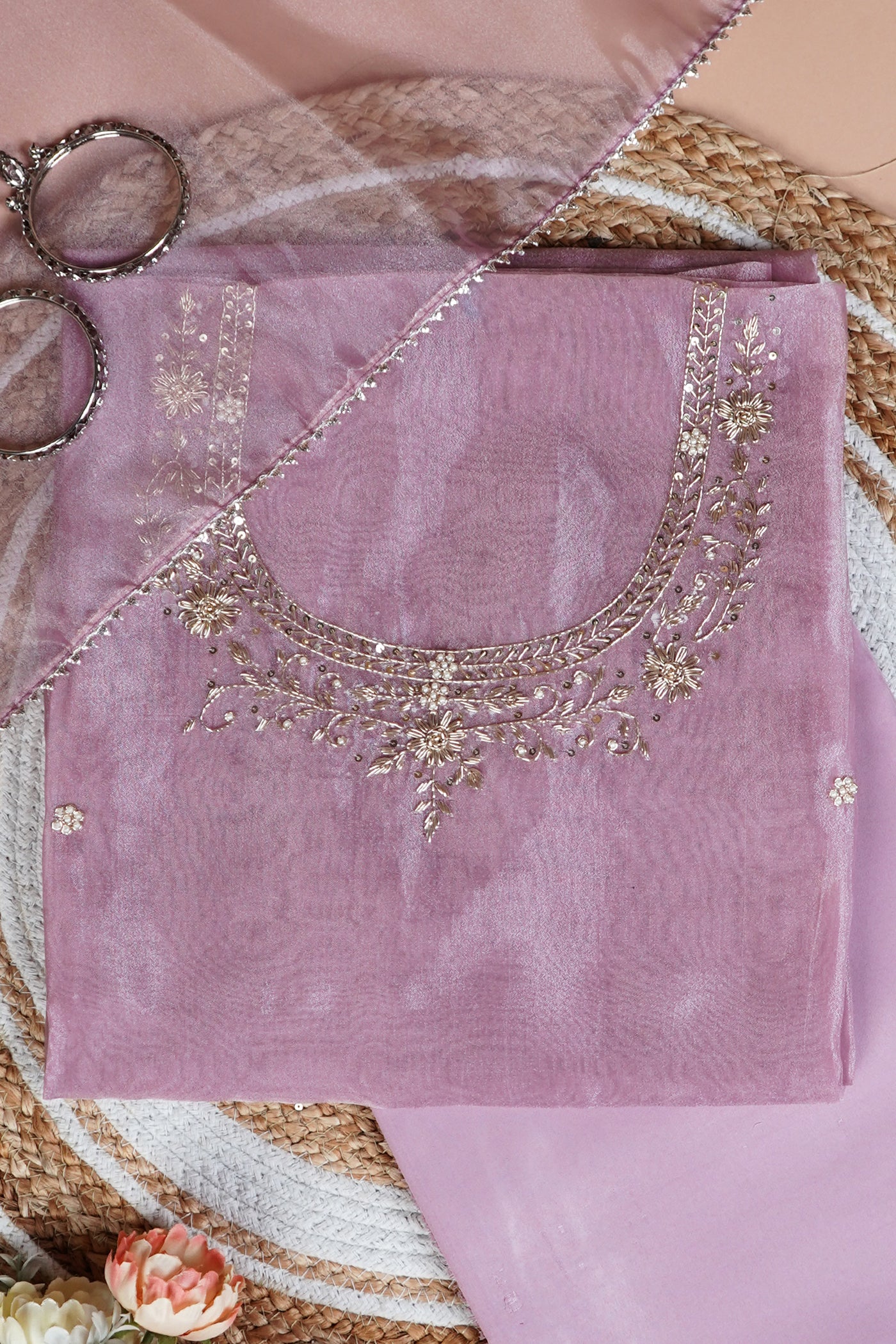 Onion Pink Unstitched Suit with Handcrafted Zardozi And Pearl Work