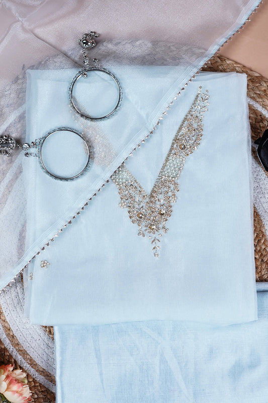 Sharvi Blue Unstitched Suit Set with Handcrafted Zardozi Work