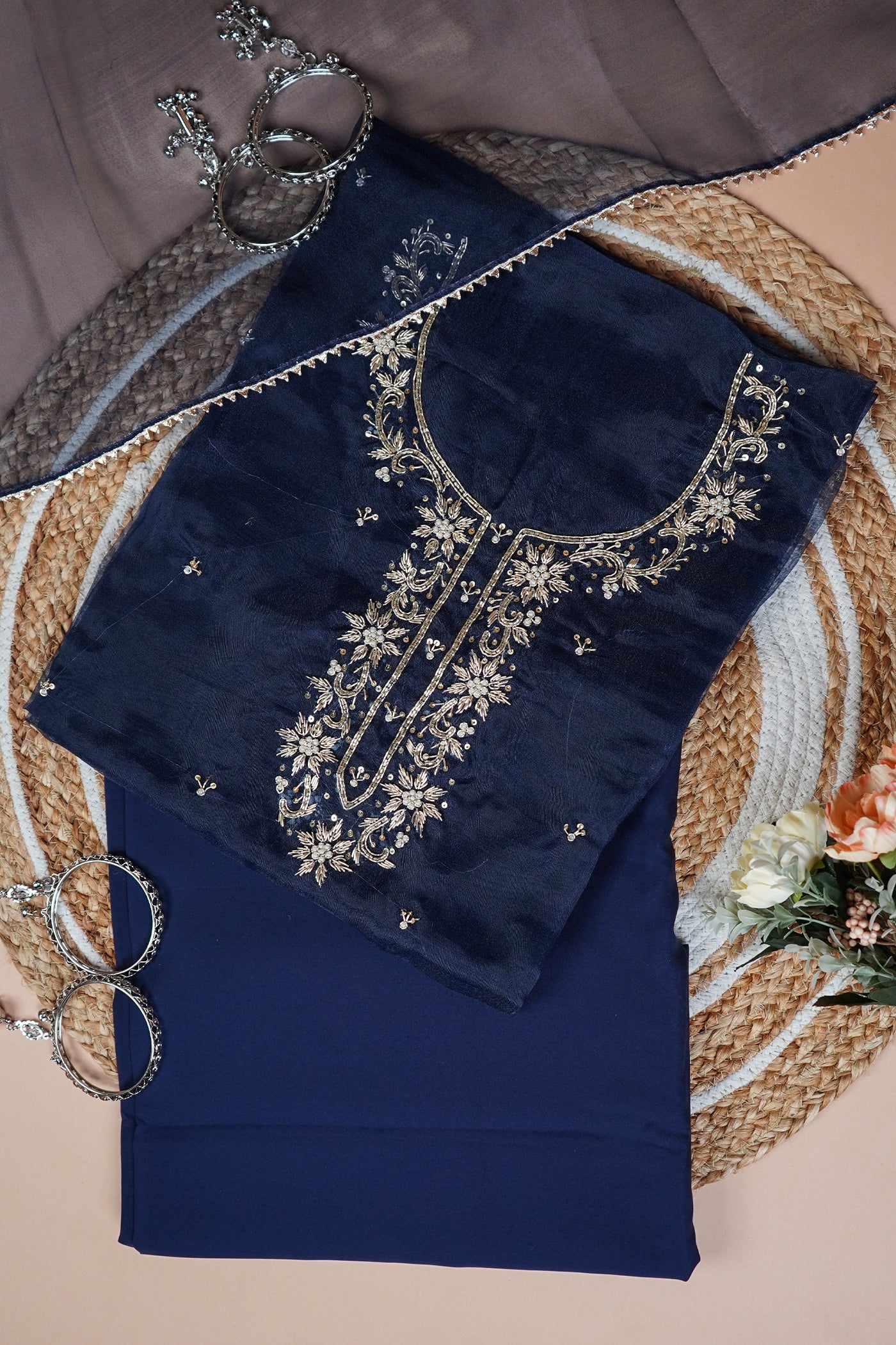 Saanjh Blue Unstitched Suit Set with Handcrafted Zardozi Work