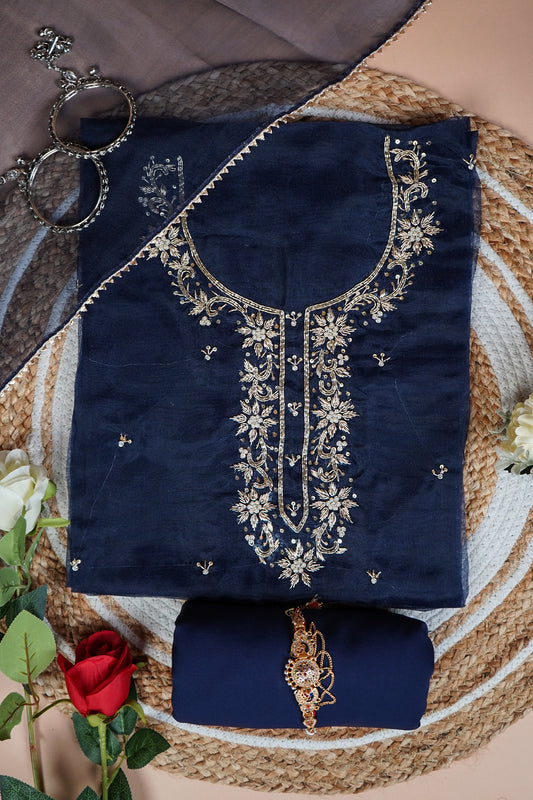 Saanjh Blue Unstitched Suit Set with Handcrafted Zardozi Work