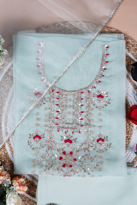 Pista Green Unstitched Suit with Rich Gota Patti and Rani Thread Embroidery