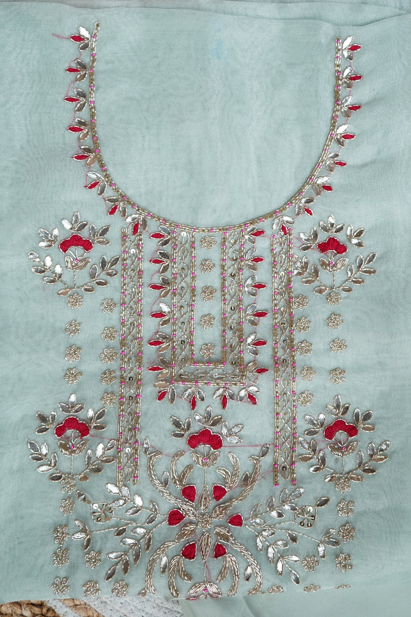 Pista Green Unstitched Suit with Rich Gota Patti and Rani Thread Embroidery