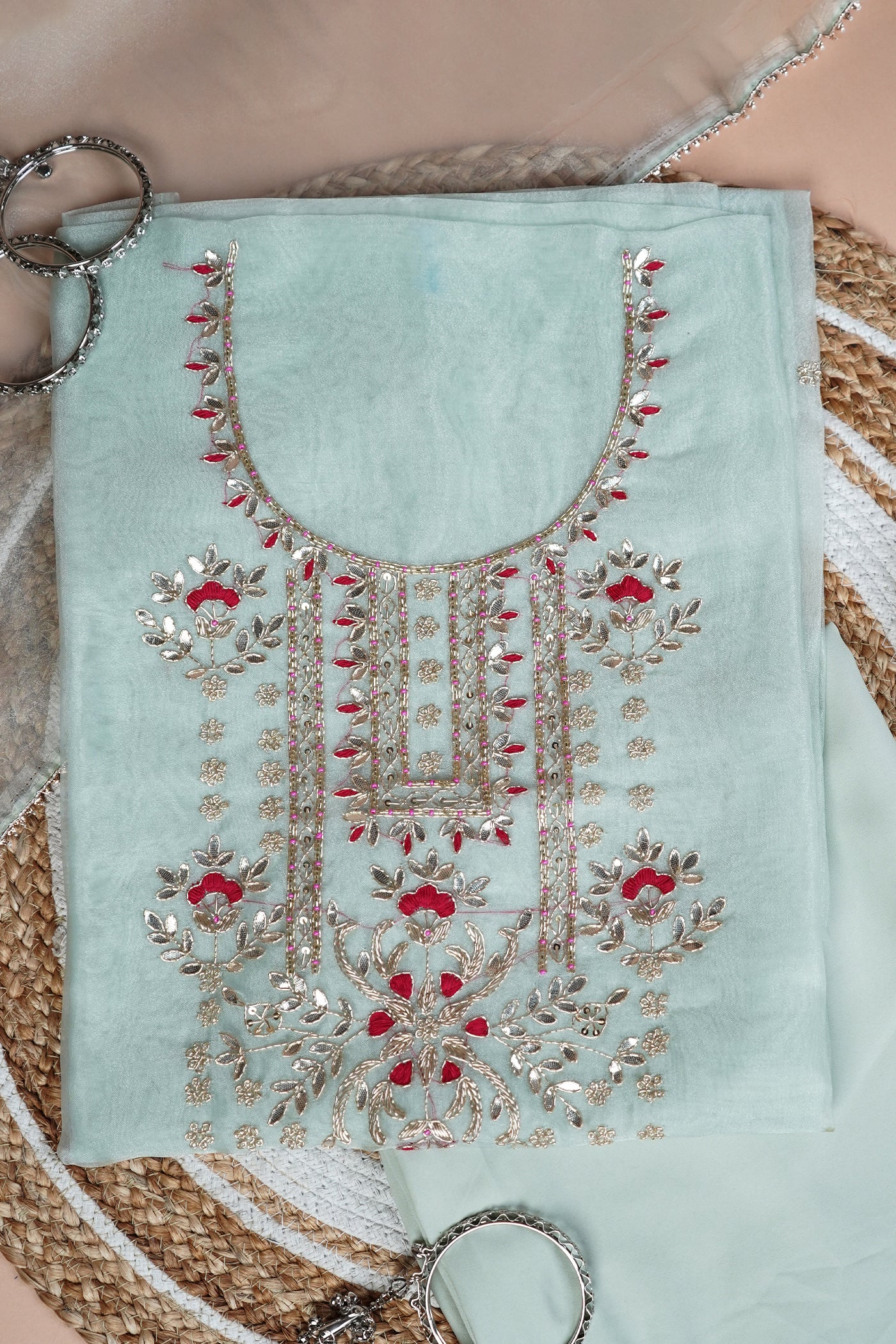 Pista Green Unstitched Suit with Rich Gota Patti and Rani Thread Embroidery