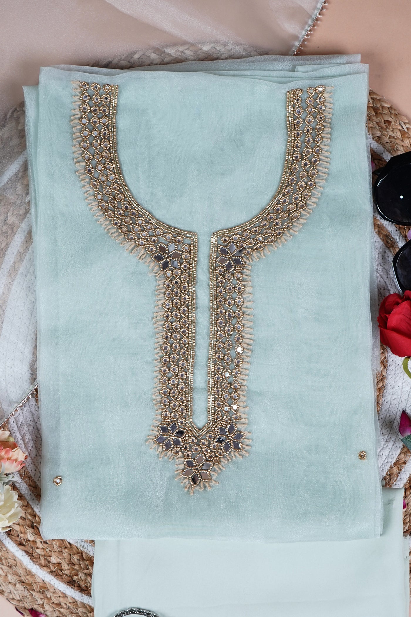 Sage Green Glow Pista Unstitch Suit with Exquisite Mirror Work Heritage Weave