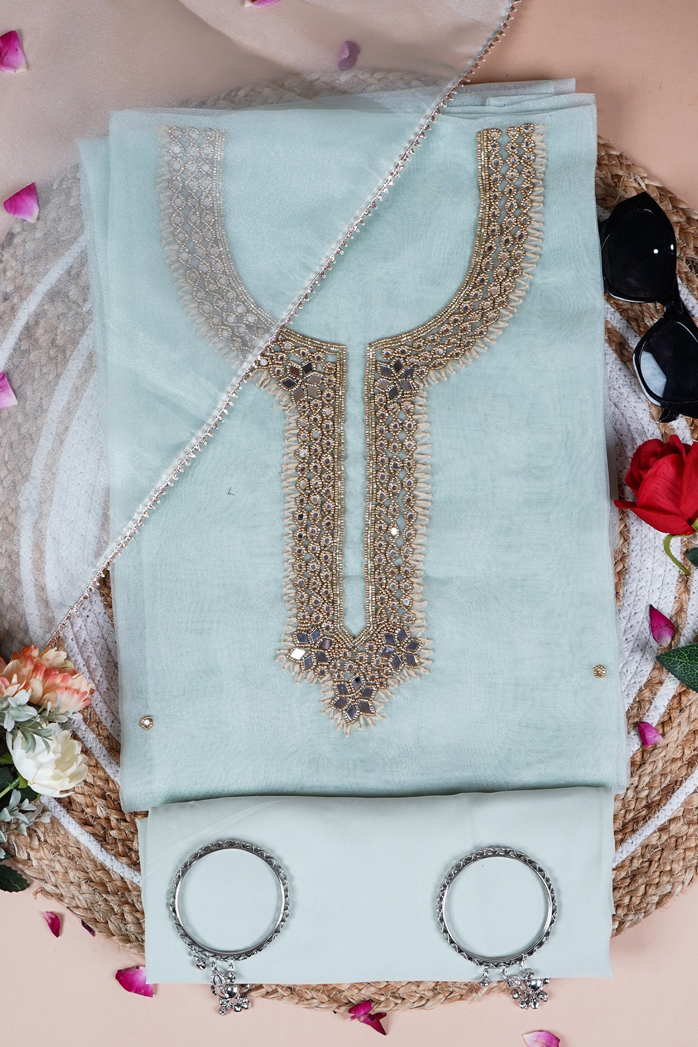 Sage Green Glow Pista Unstitch Suit with Exquisite Mirror Work Heritage Weave