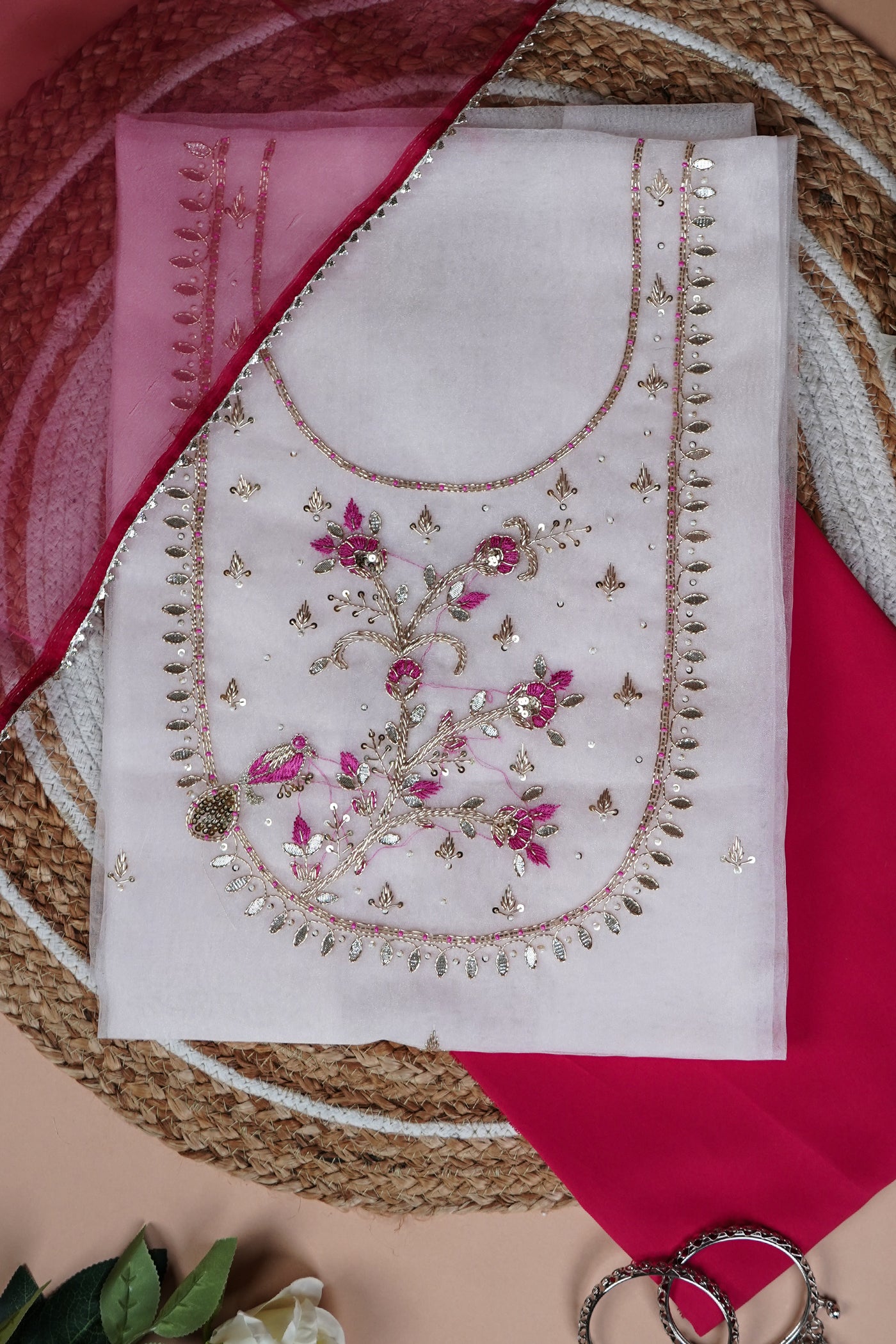 Tavi Rose Blush Zardozi & Sequin Bird Embellished Suit Set