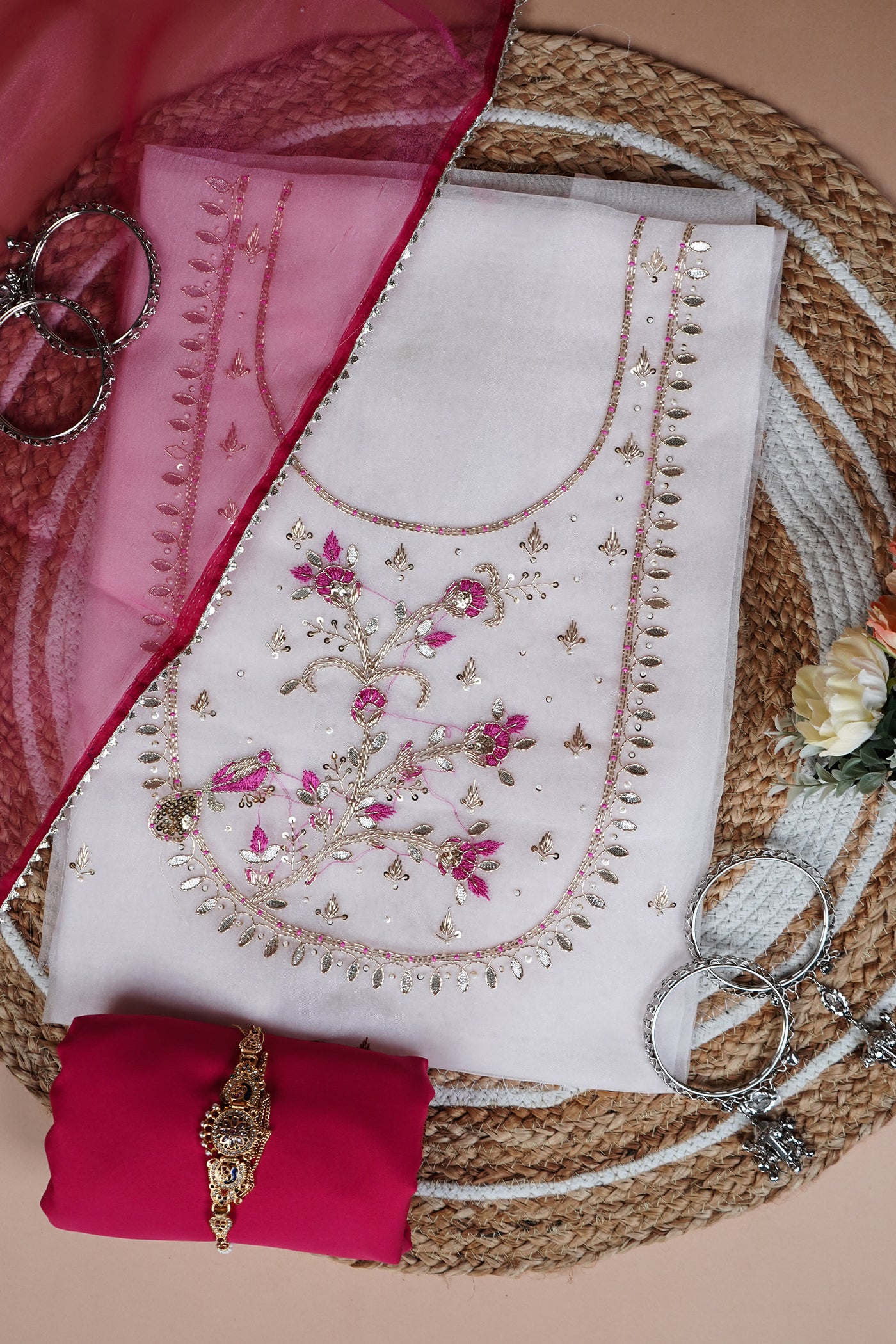 Tavi Rose Blush Zardozi & Sequin Bird Embellished Suit Set