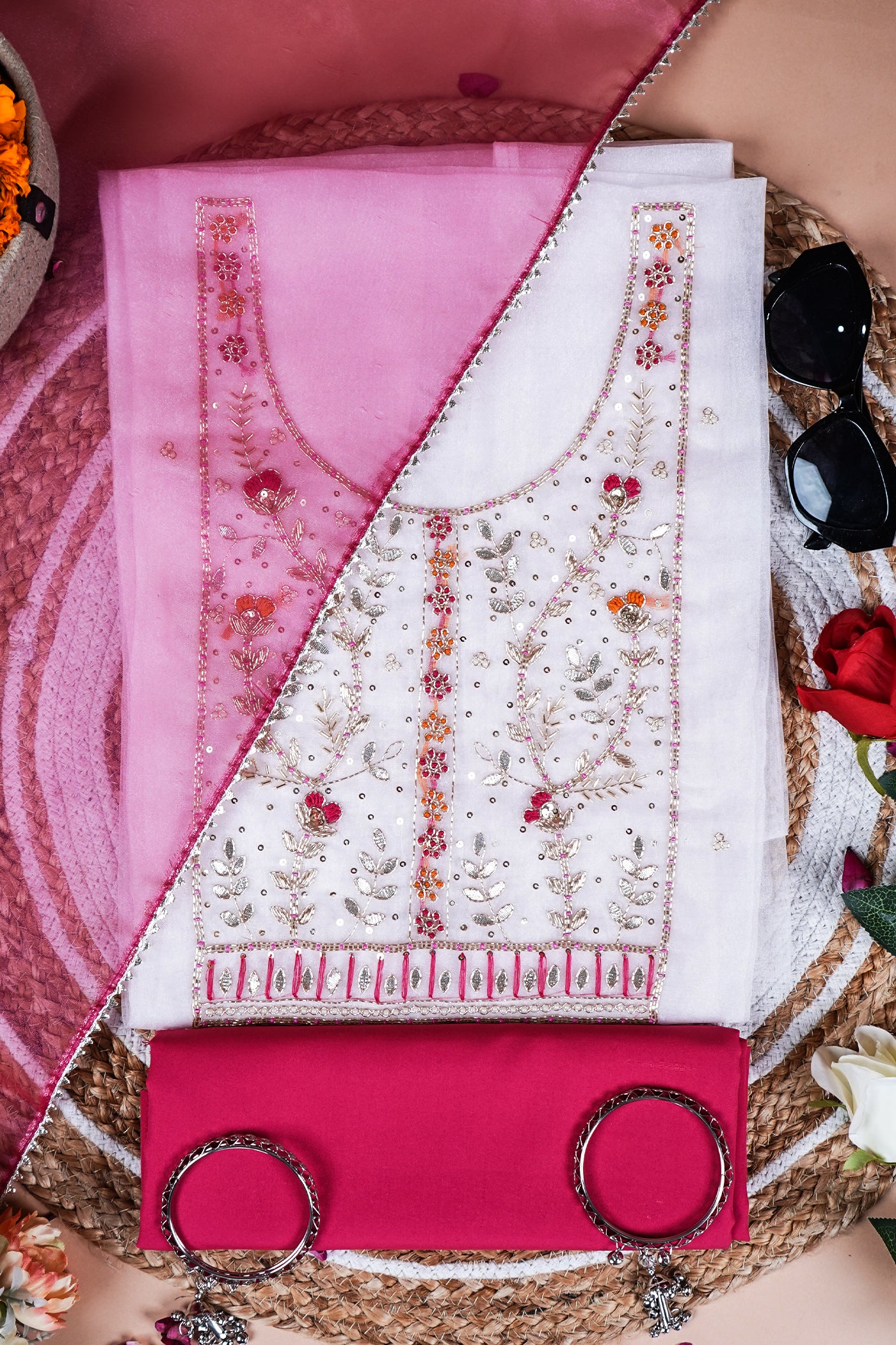 Shubhra Ivory Rose Organza Suit with Gota Zari Work
