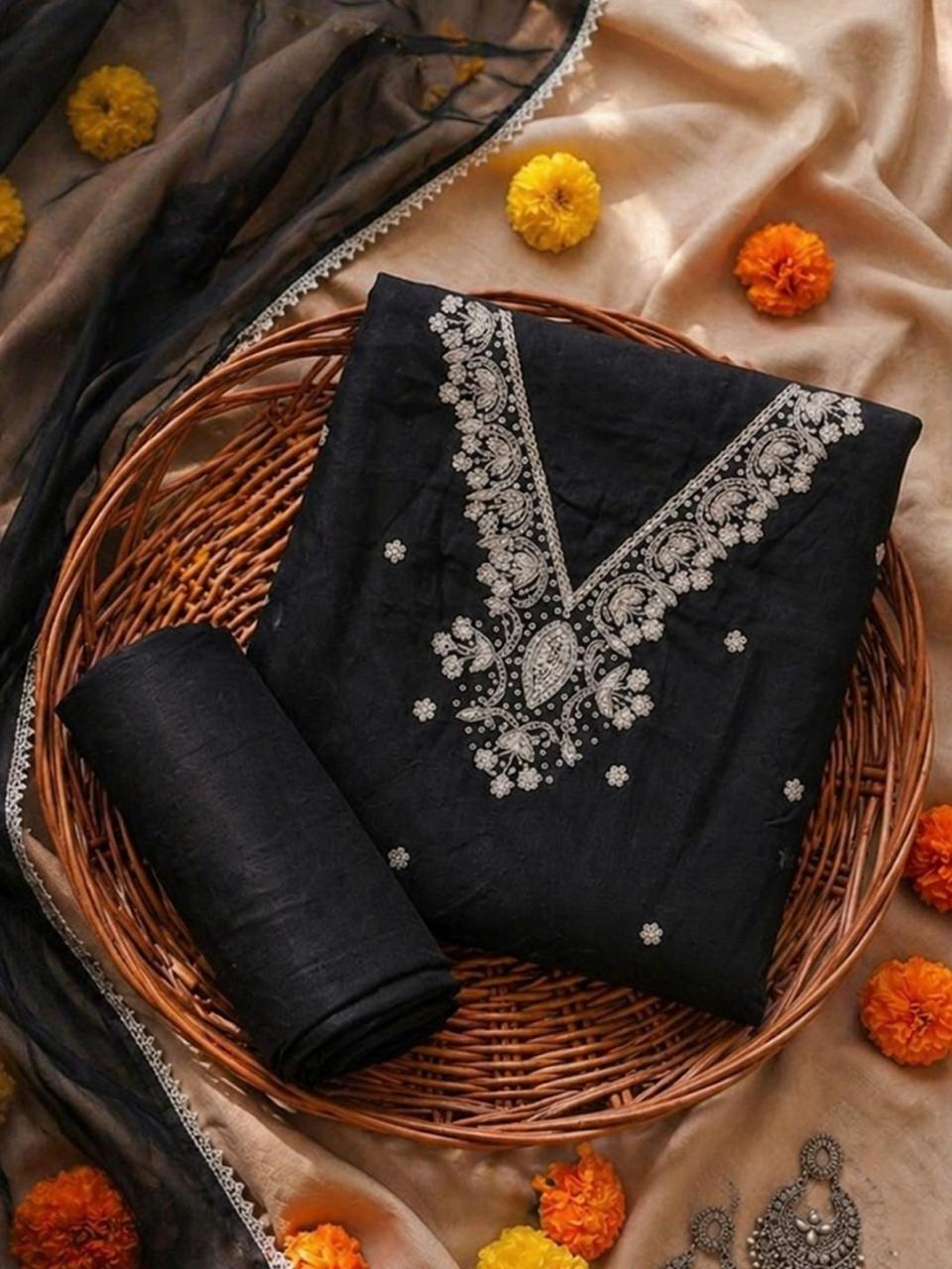 Riva Classic Black Unstitched Suit Set with Pearl & Sequins Work