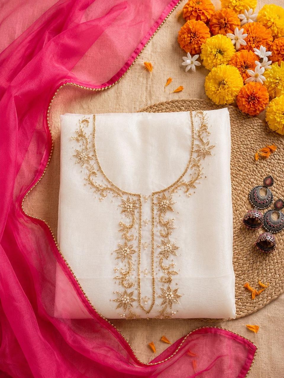 Saanjh Ivory Unstitched Suit Set with Handcrafted Zardozi Work