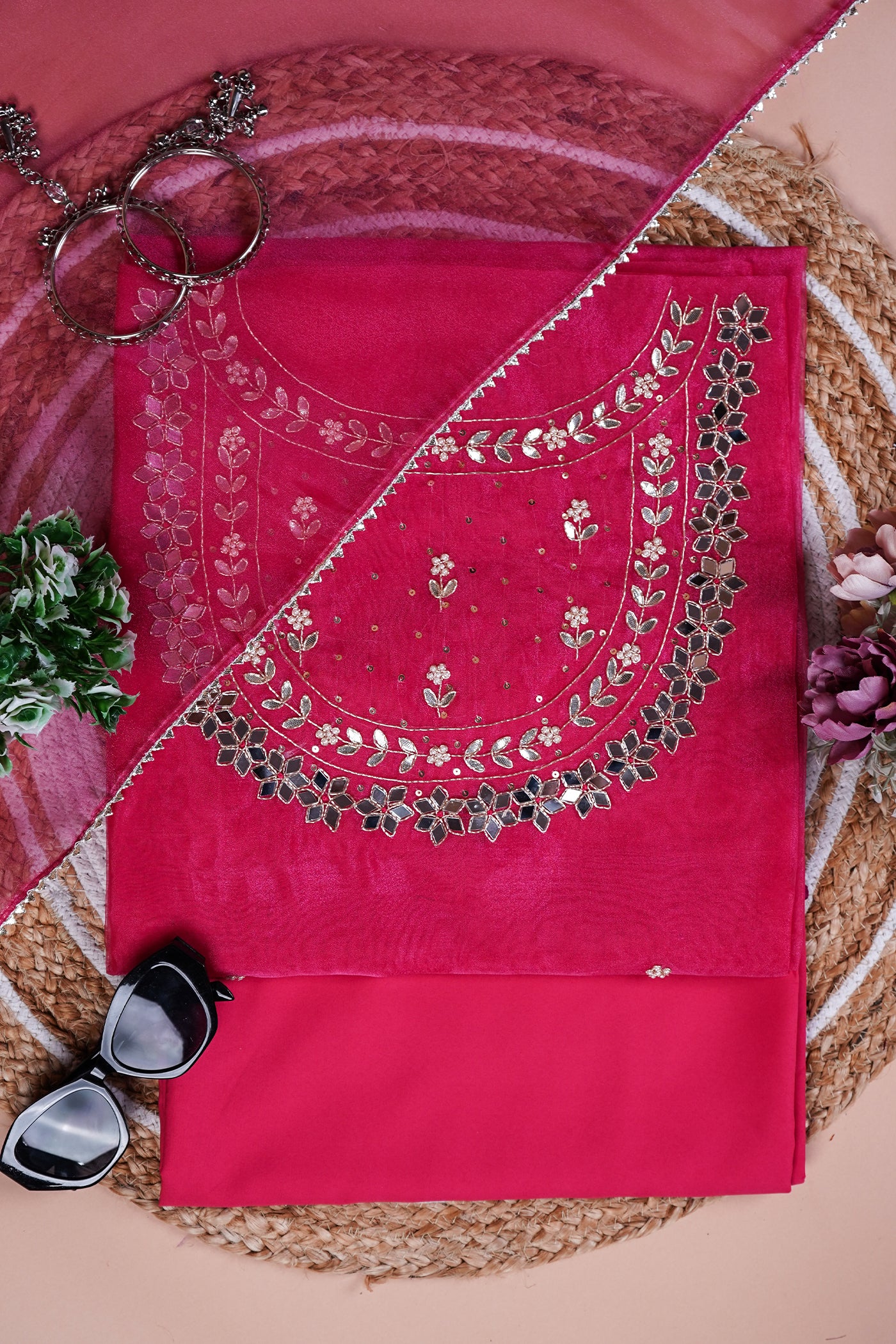 Magenta Meher Mirror-Embroidered Unstitched Suit Set