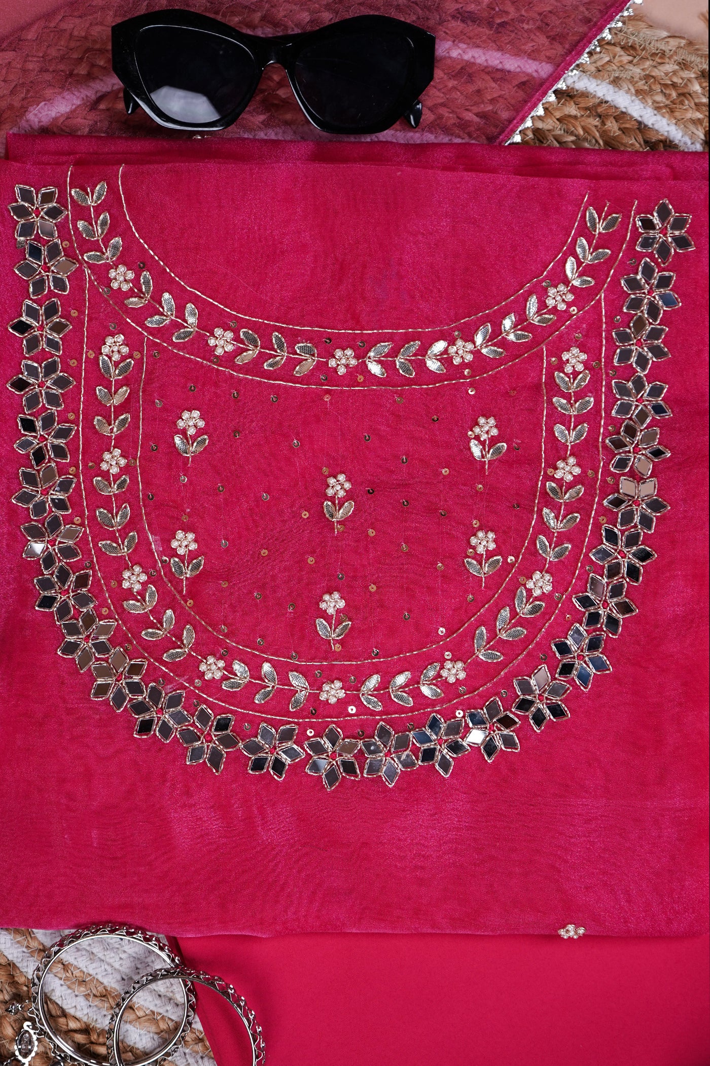 Magenta Meher Mirror-Embroidered Unstitched Suit Set