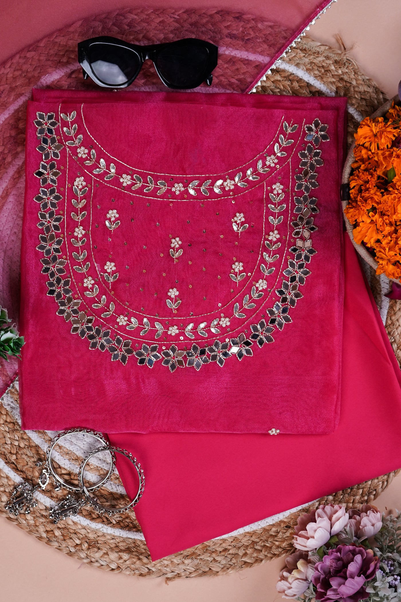 Magenta Meher Mirror Embroidered Unstitched Suit Set