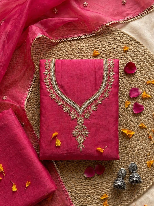 Rani Pink Unstitched Suit Set with Floral Zardozi Work