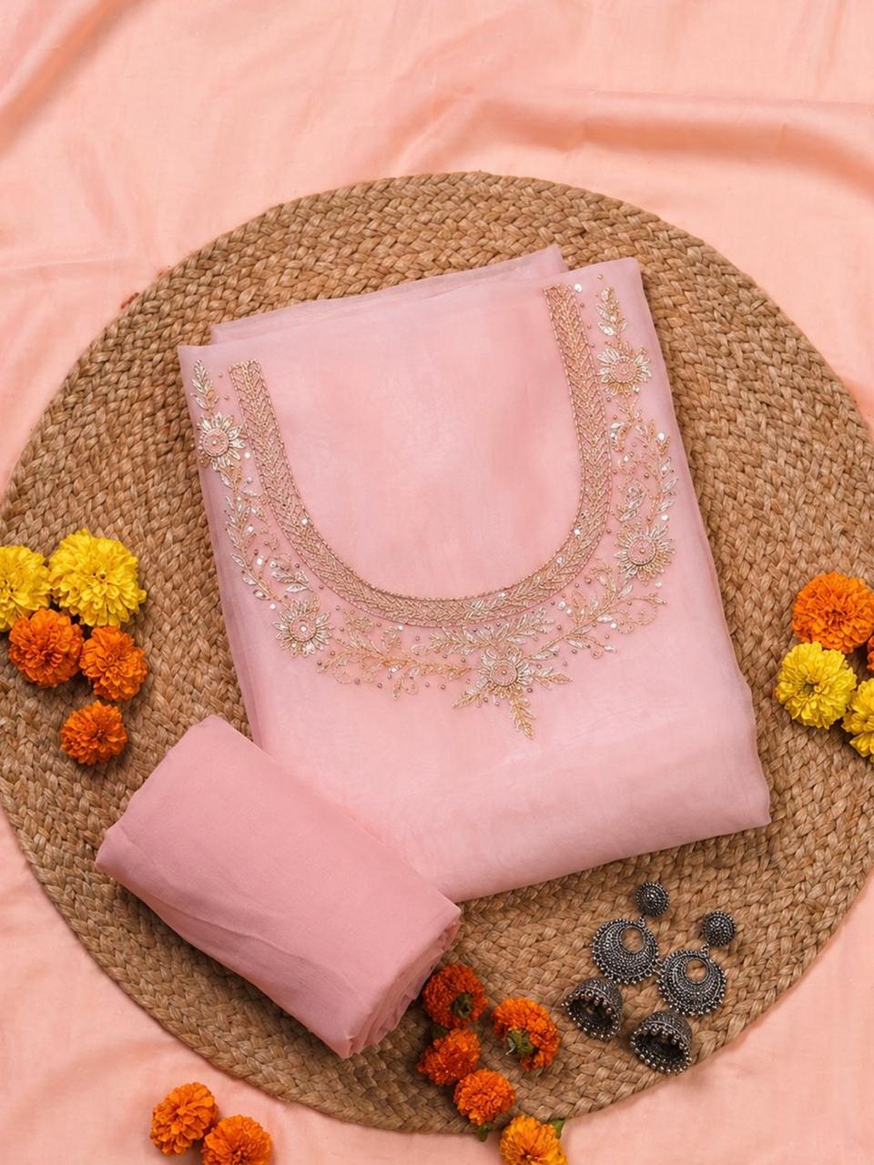 Petal Pink Unstitched Suit Set with Handcrafted Zardozi & Pearl Work