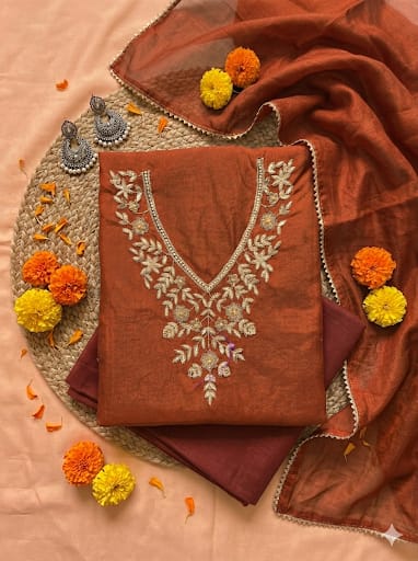 Gerua Unstitched Suit Set with Floral Zardozi Work