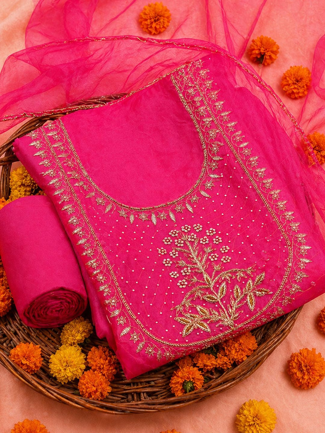 Fuchsia Pink Unstitched Suit Set with Floral Zardozi & Gota Patti Work