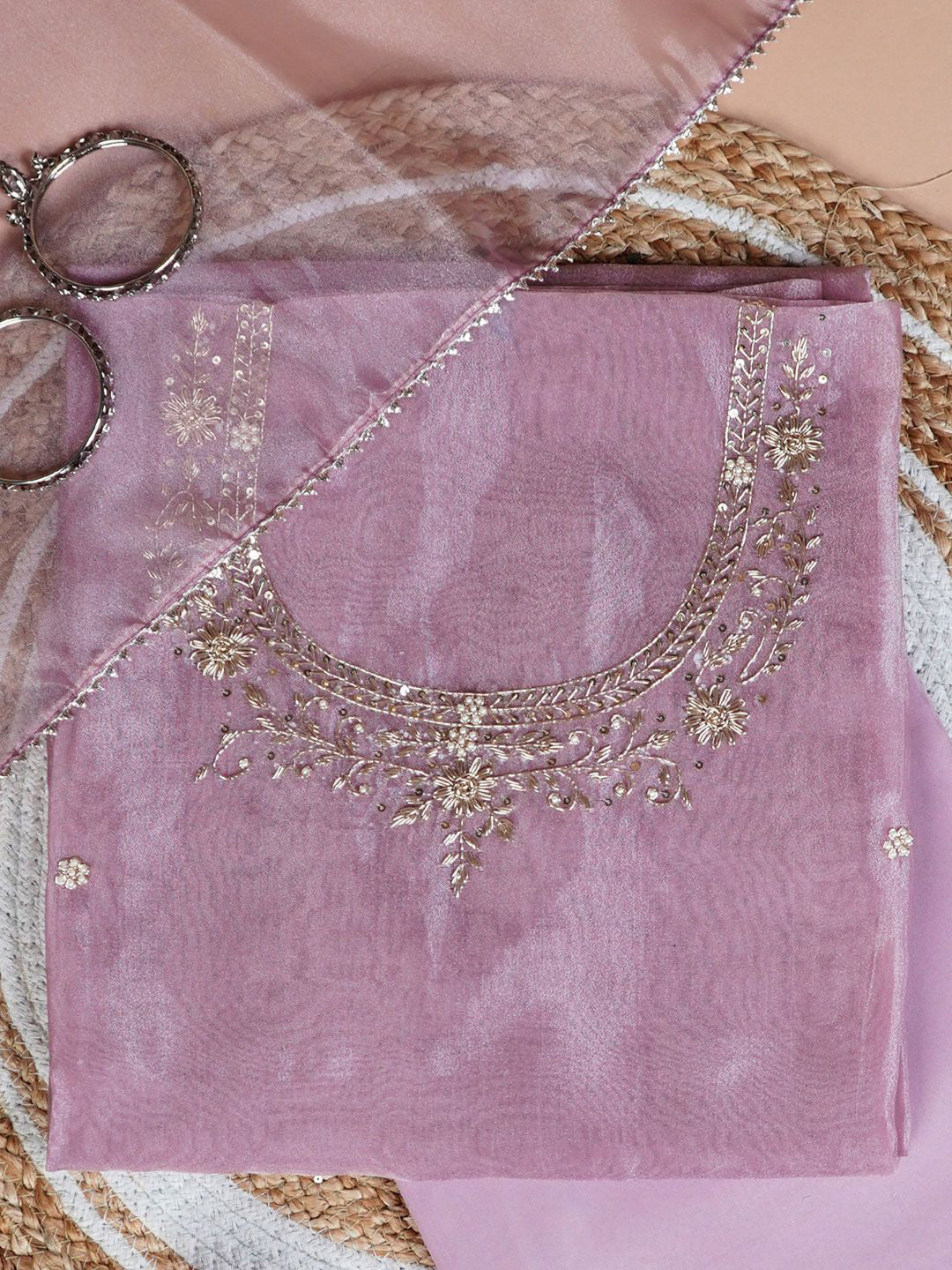 Onion Pink Unstitched Suit with Handcrafted Zardozi And Pearl Work
