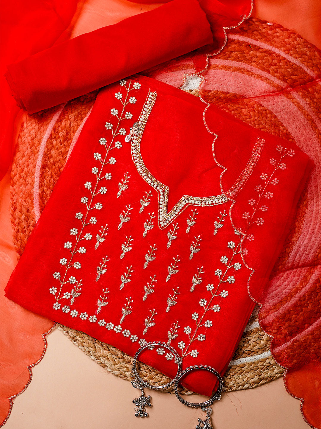 Scarlet Red Glow Hand Embroidered Unstitched Suit with Zari & Sequin Work