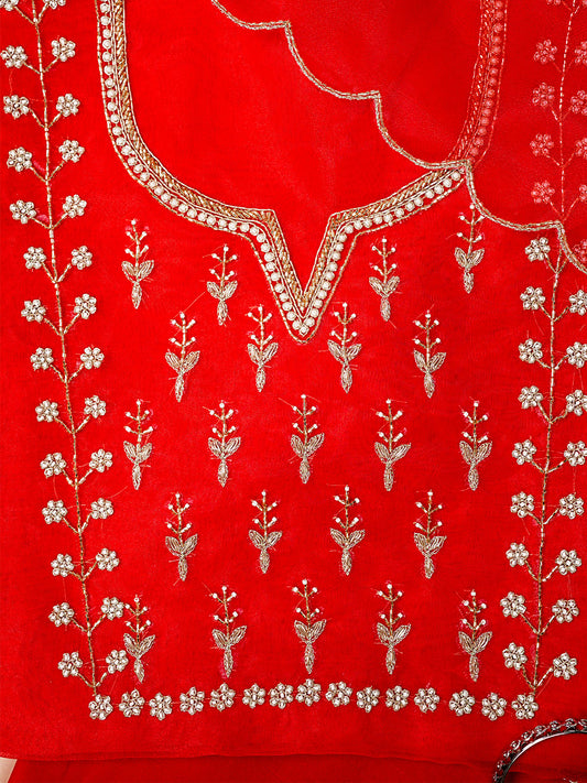 Scarlet Red Glow Hand Embroidered Unstitched Suit with Zari & Sequin Work