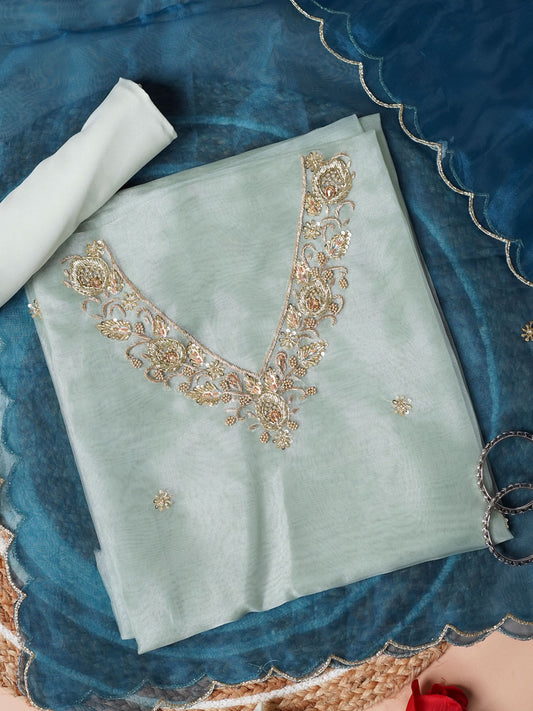 Soft Green Glow Hand Embroidered Unstitched Suit Set with Zari & Zardozi Work