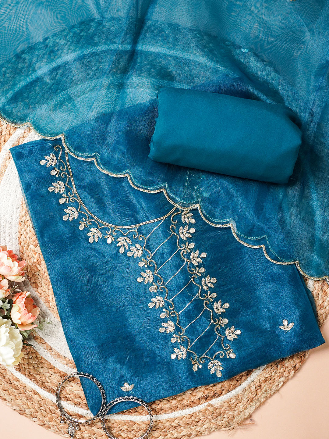 Ocean Blue Hand Embroidered Unstitched Suit Set with Gota Patti & Cutdana Work