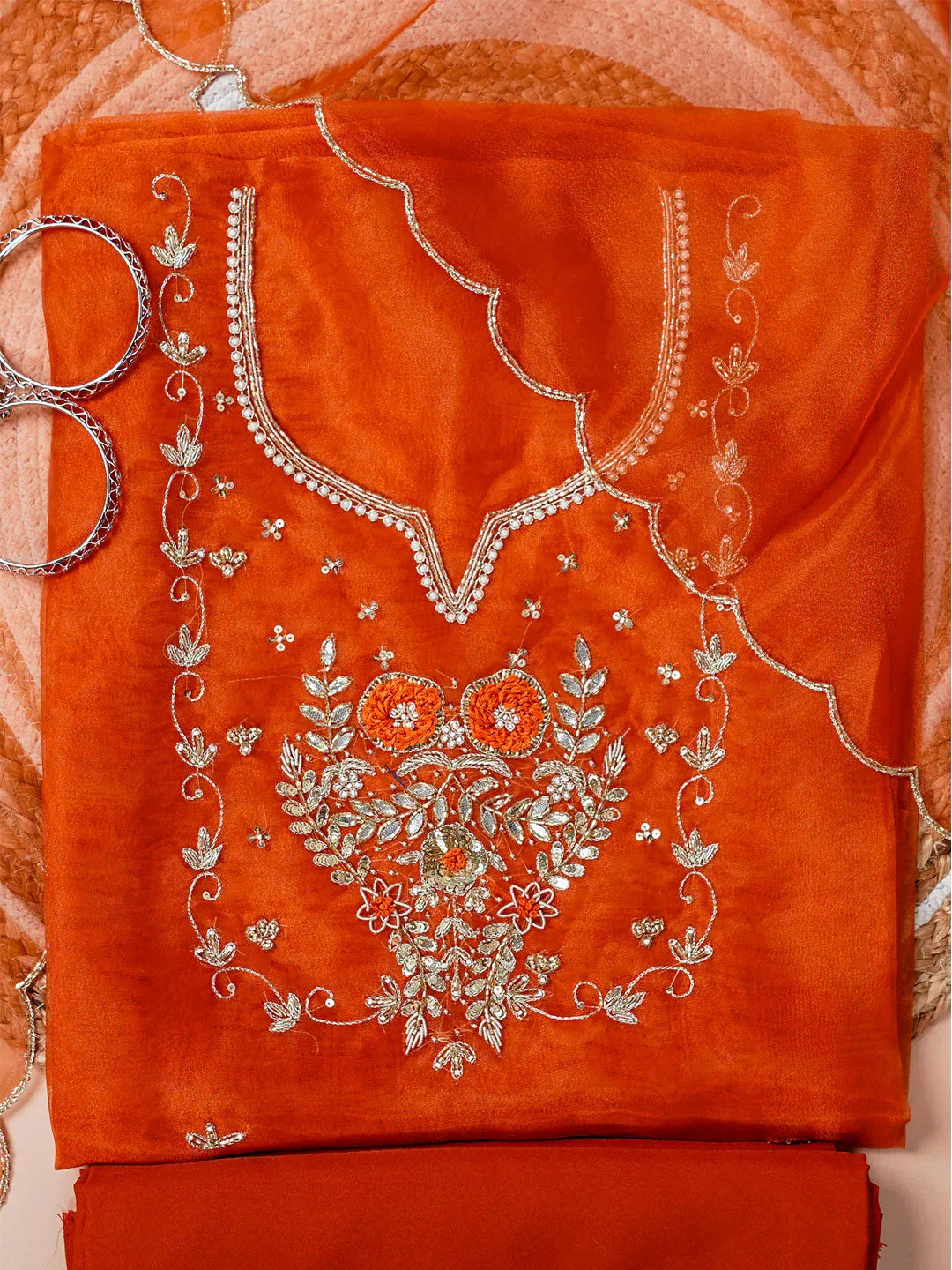 Kesar Hand Embroidered Unstitched Suit Set with Resham & Zari Floral Work - Achrangi