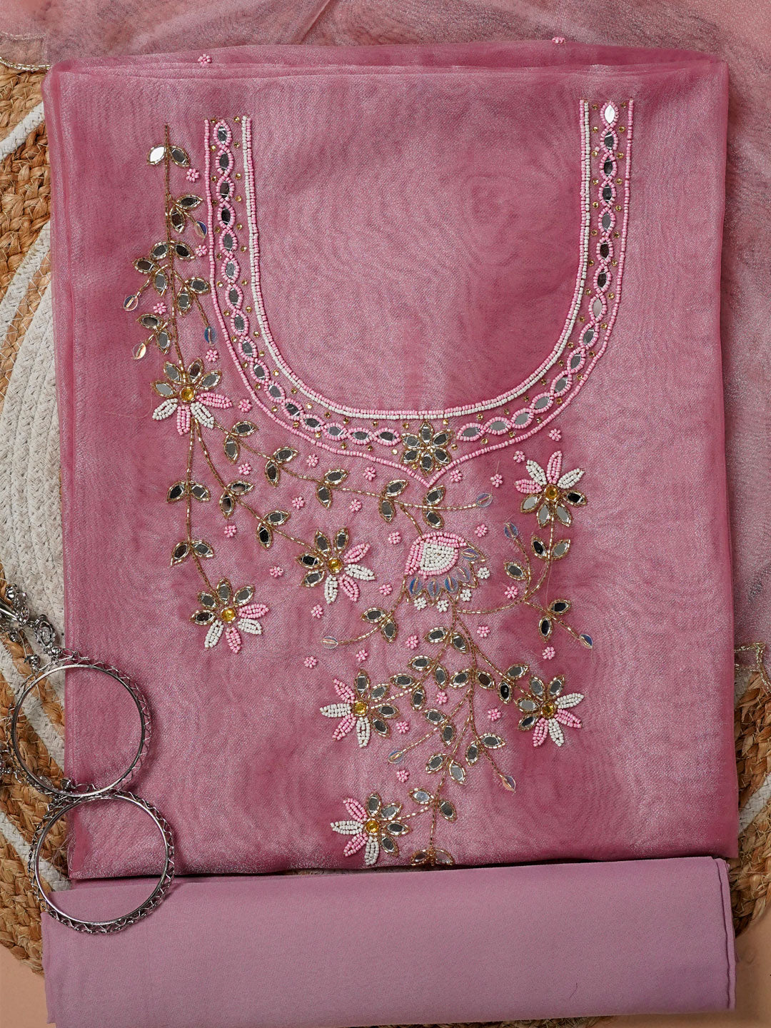 Pink Petal Hand Embroidered Unstitched Suit Set with Beads & Mirror Work
