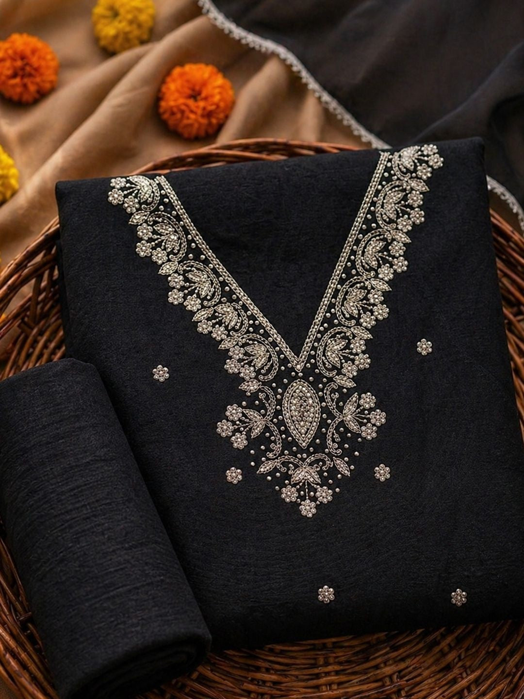 Riva Classic Black Unstitched Suit Set with Pearl & Sequins Work