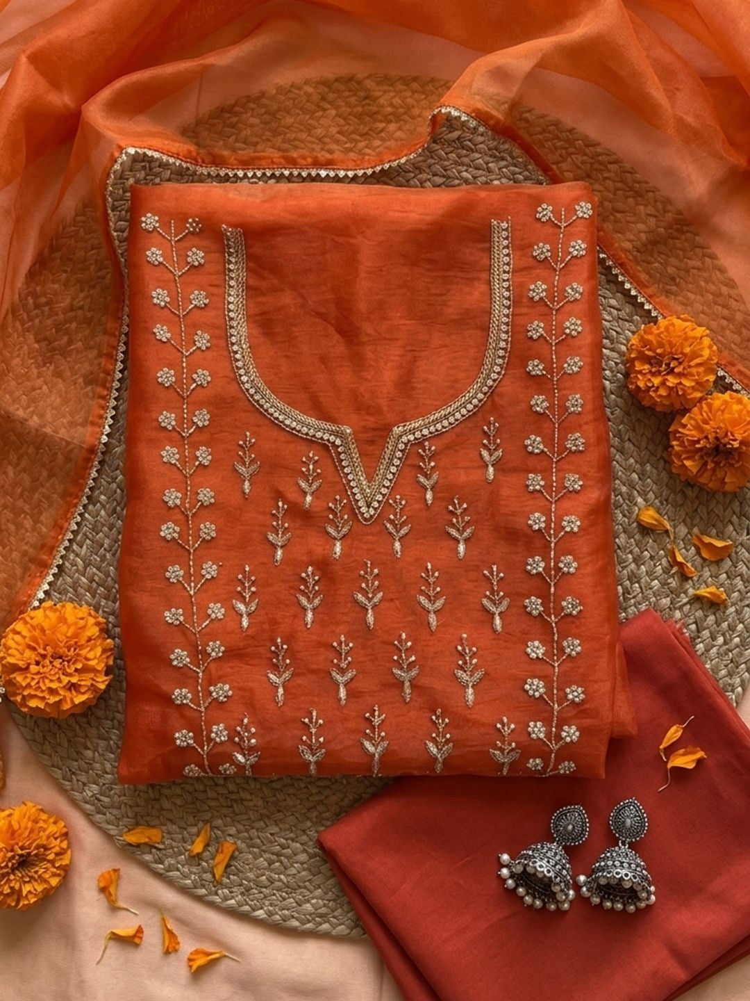 Rust Orange Glow Hand Embroidered Unstitched Suit with Zari & Sequin Work
