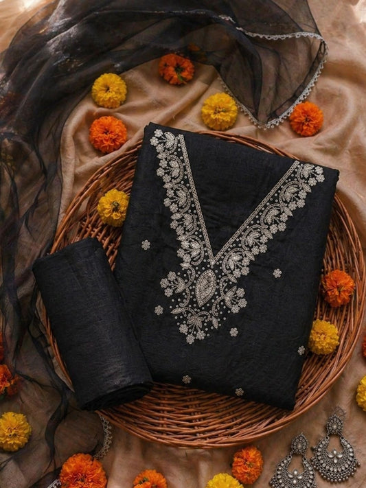 Riva Classic Black Unstitched Suit Set with Pearl & Sequins Work