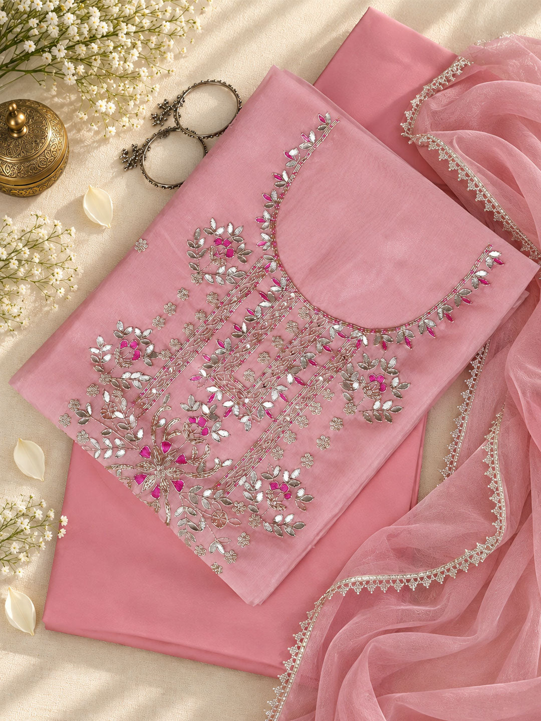 Blush Pink Unstitch Suit with Rich Gota Patti and Rani Thread Embroidery