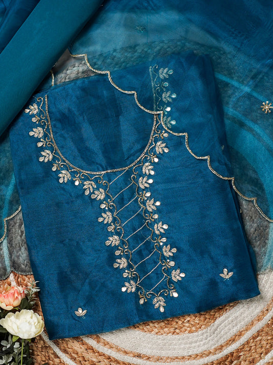 Ocean Blue Hand Embroidered Unstitched Suit Set with Gota Patti & Cutdana Work